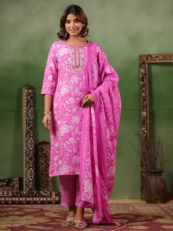 Deep pink printed silk kurti set for women
