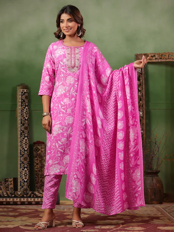 Deep pink printed silk kurti set for women