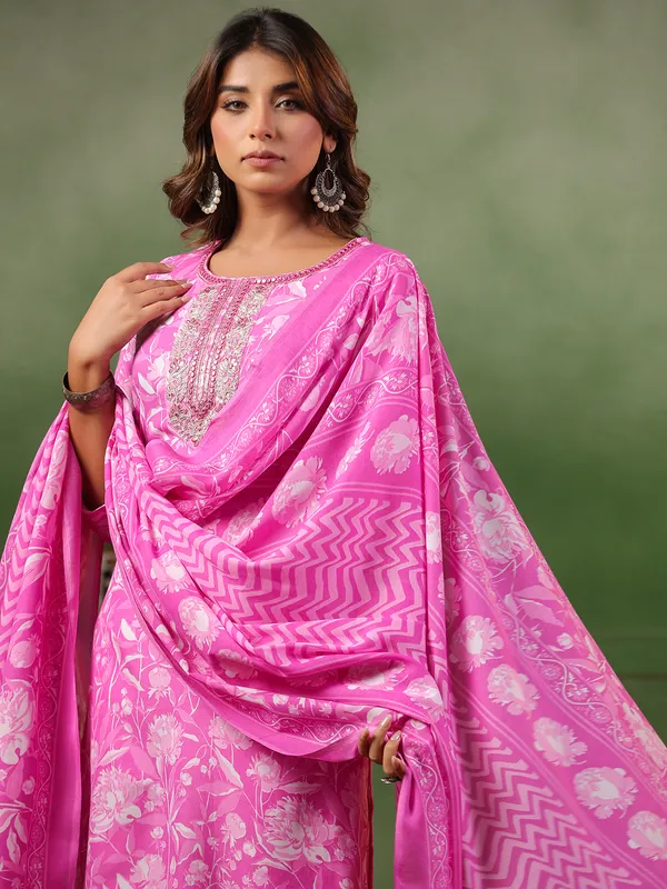 Deep pink printed silk kurti set for women