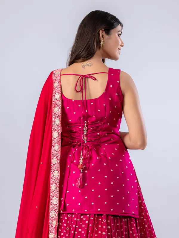 Deep pink zari worked silk lehenga suit