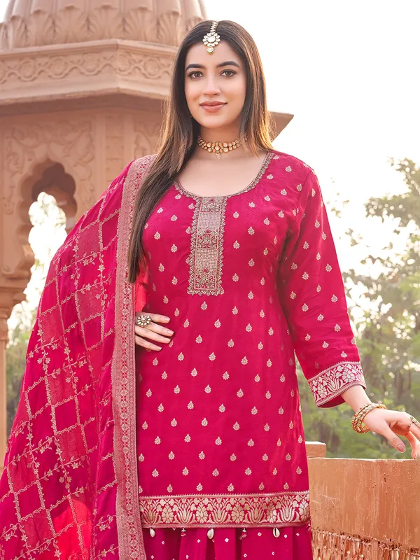 Deep rani pink georgette palazzo suit with dupatta