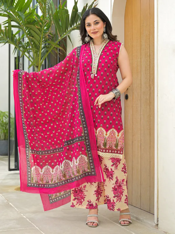 Deep rani silk sleeveless kurti set with dupatta