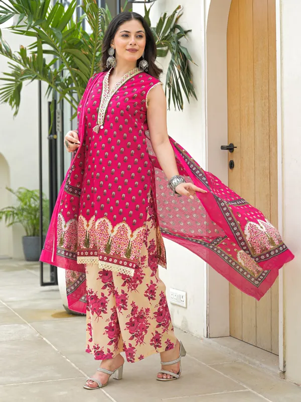 Deep rani silk sleeveless kurti set with dupatta