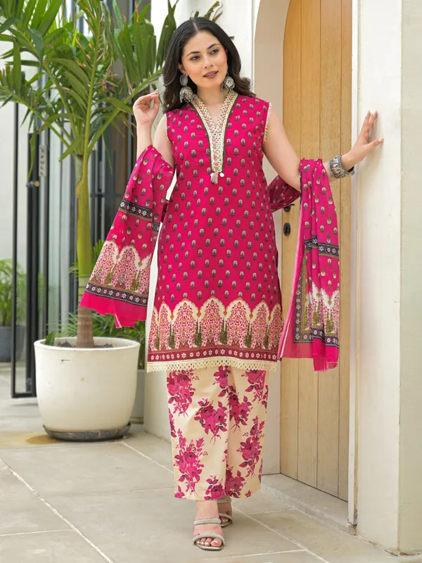 Deep rani silk sleeveless kurti set with dupatta