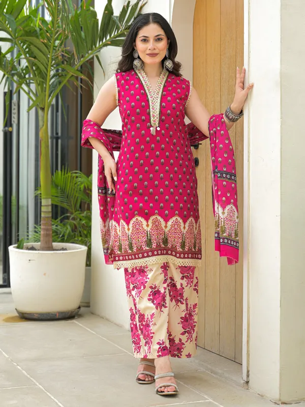 Deep rani silk sleeveless kurti set with dupatta