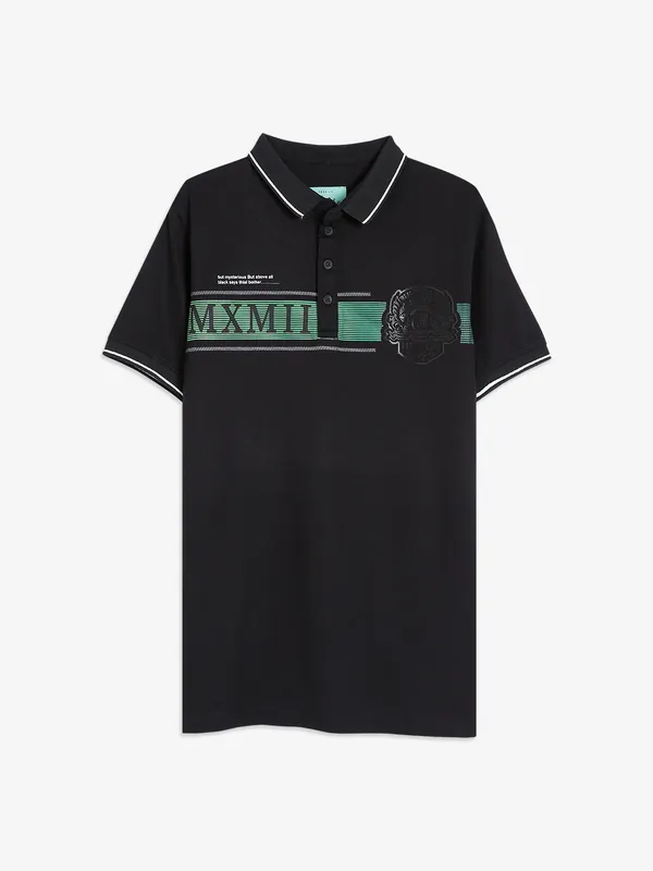 DeePee cotton black printed polo t shirt