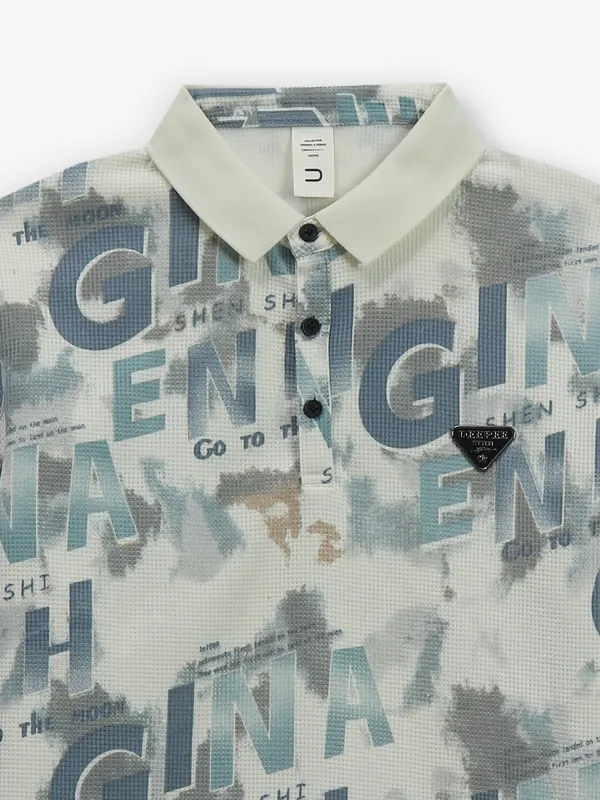 DEEPEE cream printed cotton polo t-shirt