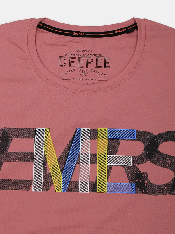 Deepee slim fit printed cotton t shirt in peach