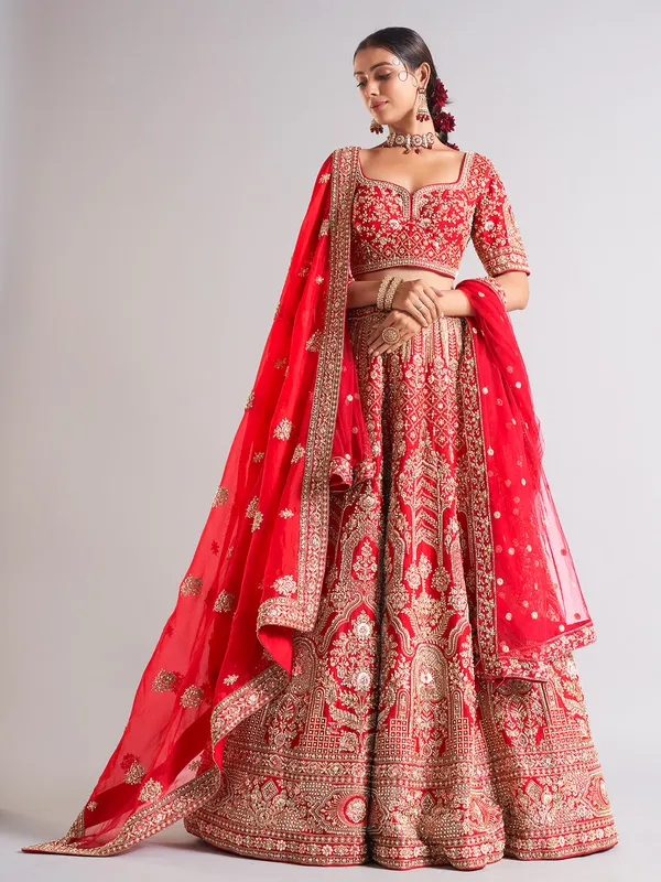 Delightful red raw silk lehenga choli