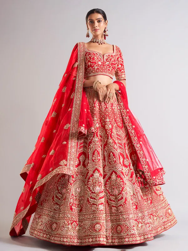 Delightful red raw silk lehenga choli