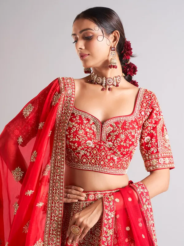 Delightful red raw silk lehenga choli