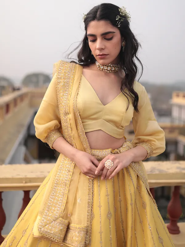 Delightful yellow raw silk lehenga choli