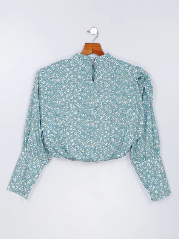 Desi Belle sea green silk printed crop top