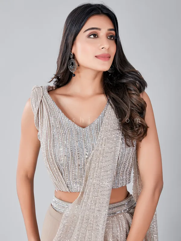 Designer beige party function ready to wear saree with ready made blouse