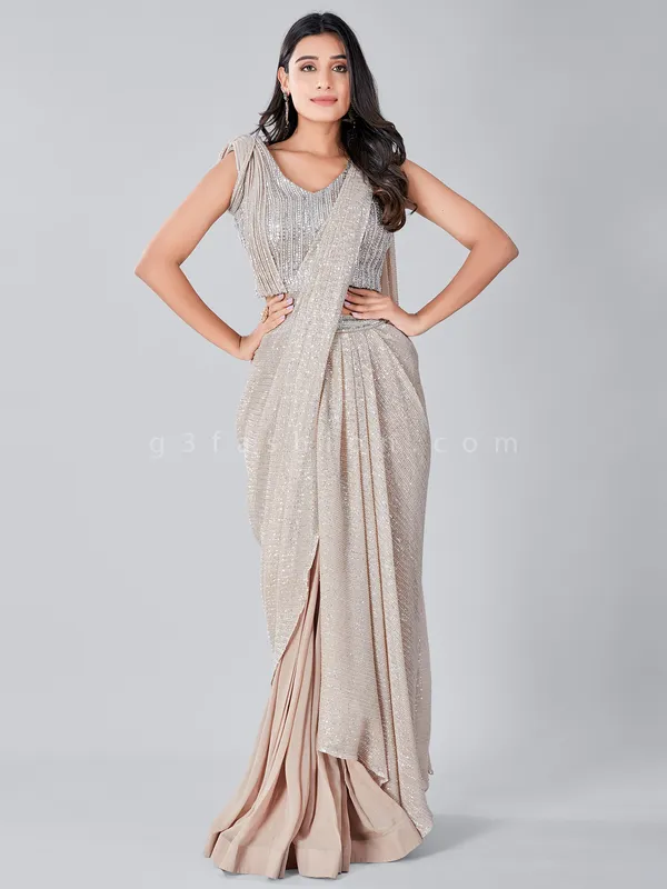 Designer beige party function ready to wear saree with ready made blouse
