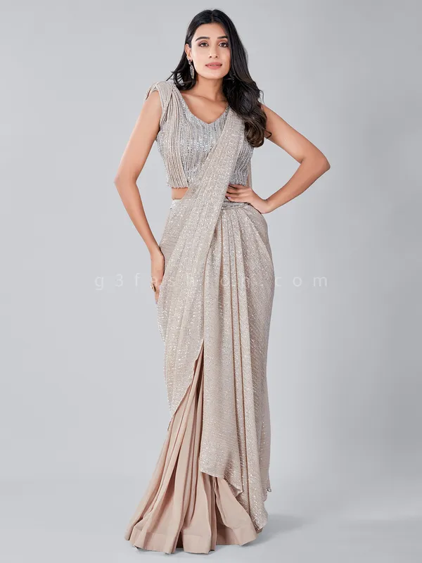 Designer beige party function ready to wear saree with ready made blouse