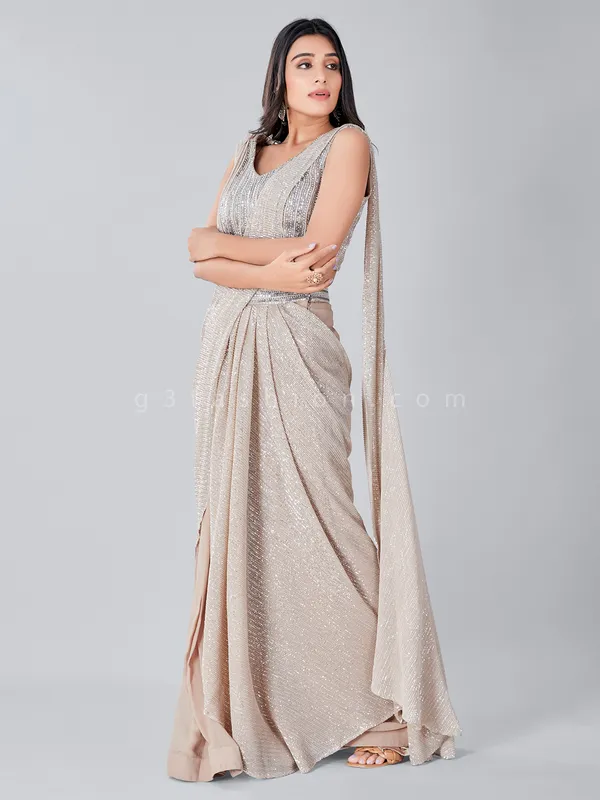 Designer beige party function ready to wear saree with ready made blouse