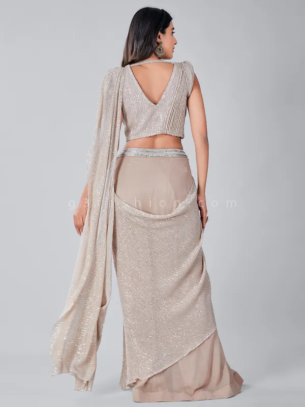 Designer beige party function ready to wear saree with ready made blouse