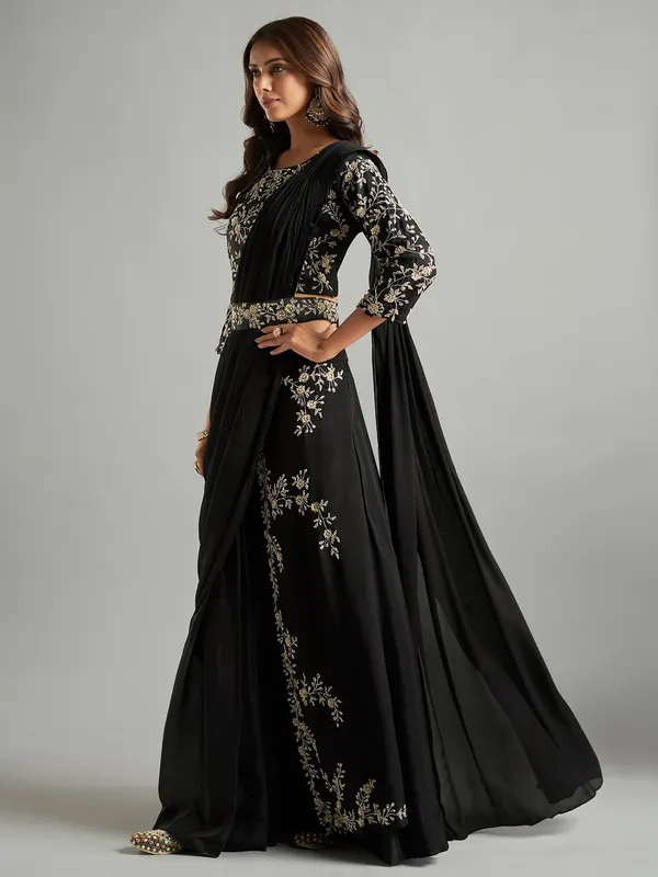 Designer black chiffon pre-drape saree