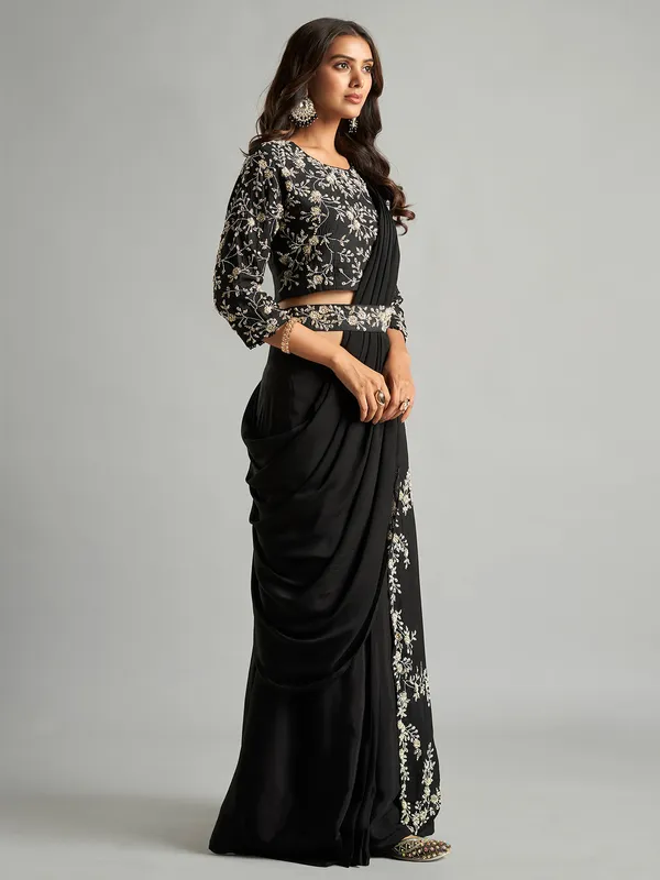 Designer black chiffon pre-drape saree