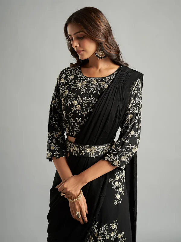 Designer black chiffon pre-drape saree