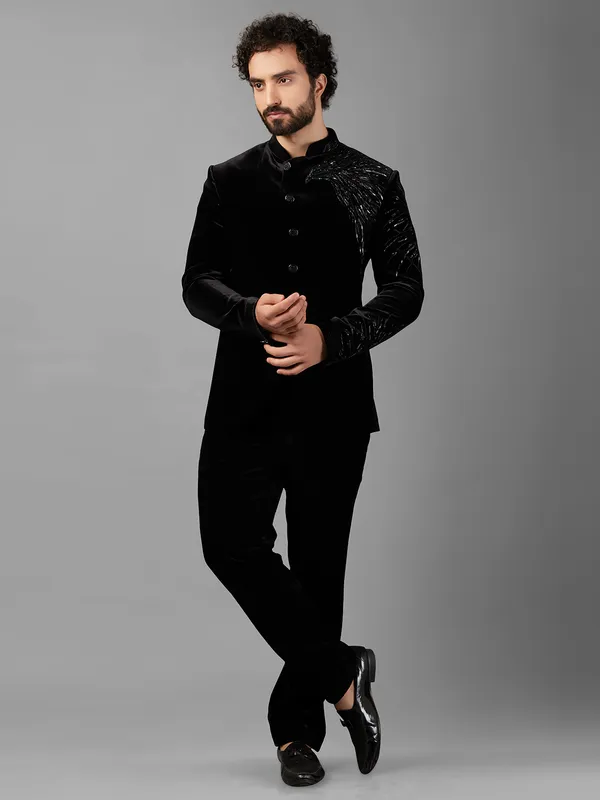 Designer black velvet jodhpuri suit