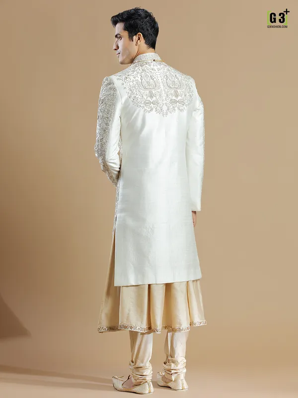 Designer cream color raw silk fabric sherwani