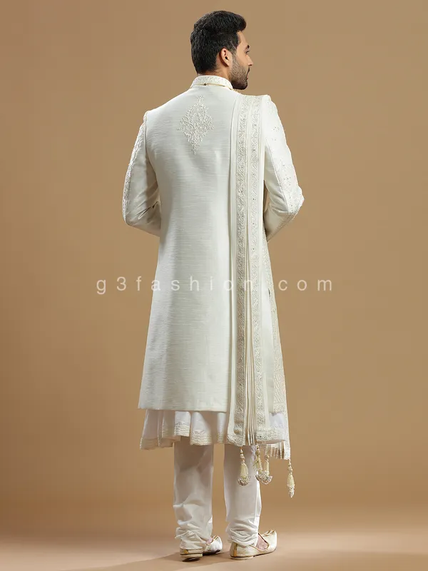 Designer cream silk sherwani for groom