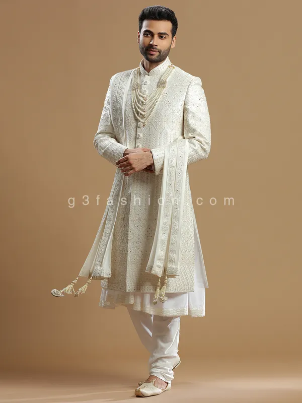 Designer cream silk sherwani for groom