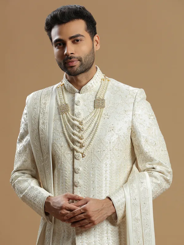 Designer cream silk sherwani for groom