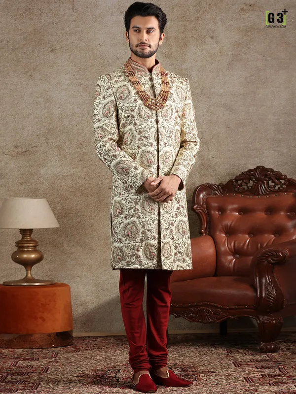 Designer cream silk sherwani special for wedding