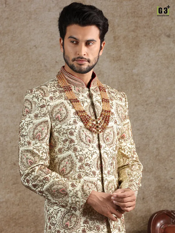 Designer cream silk sherwani special for wedding