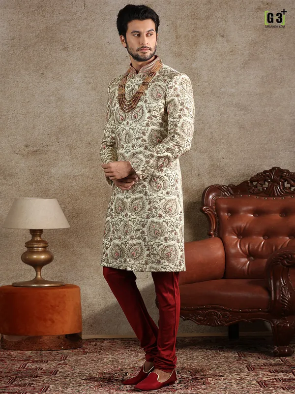 Designer cream silk sherwani special for wedding