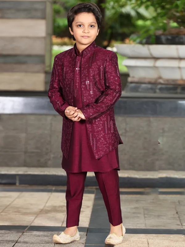 Designer maroon silk indowestern for boys