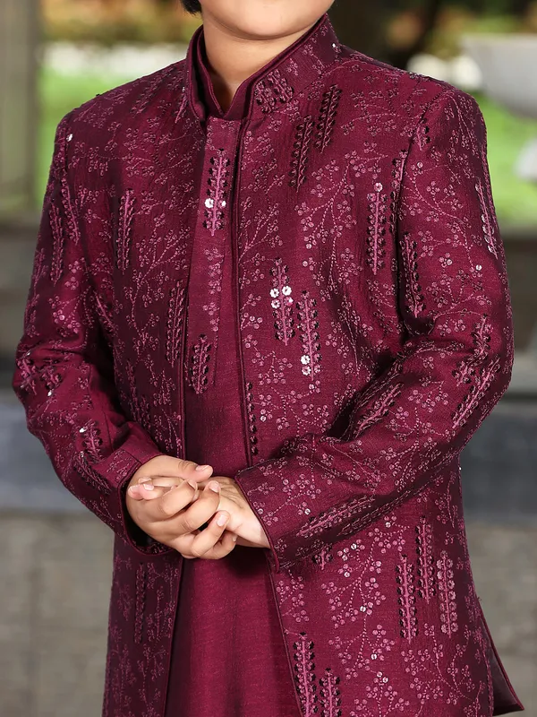 Designer maroon silk indowestern for boys