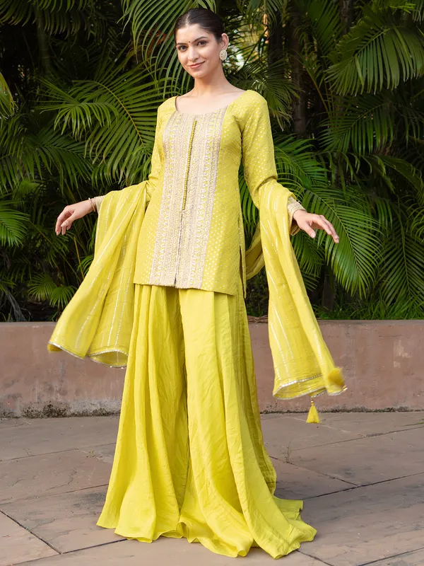 Designer light olive green georgette palazzo suit