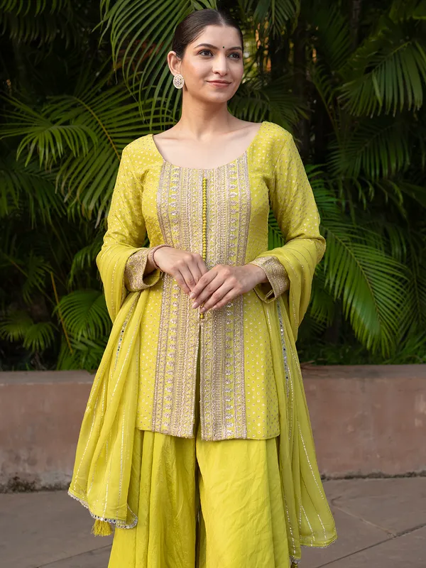 Designer light olive green georgette palazzo suit