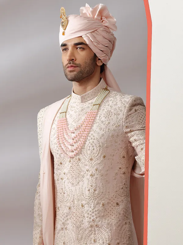 Designer light pink color raw silk fabric sherwani