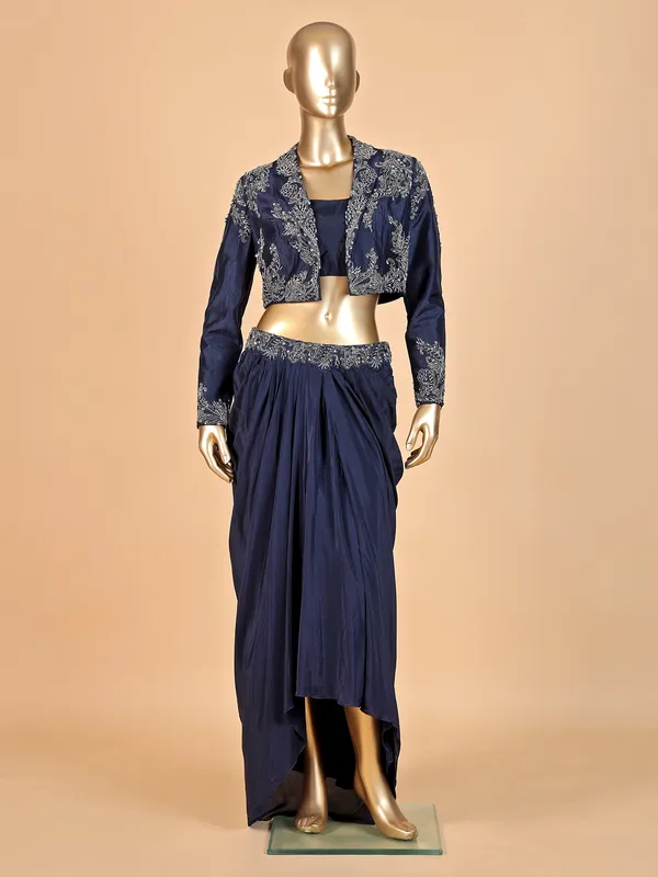 Designer navy blue jacket style salwar suit