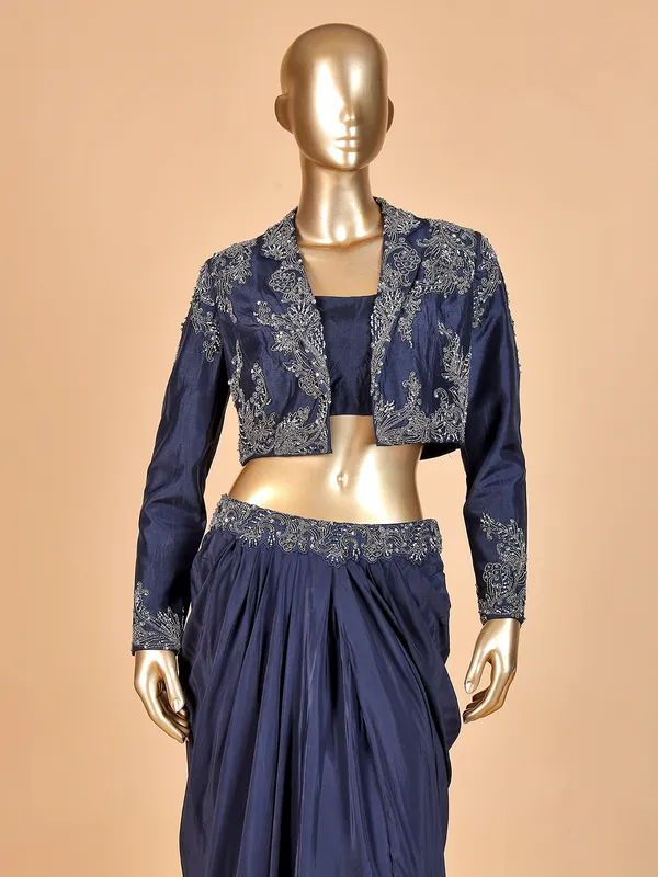 Designer navy blue jacket style salwar suit