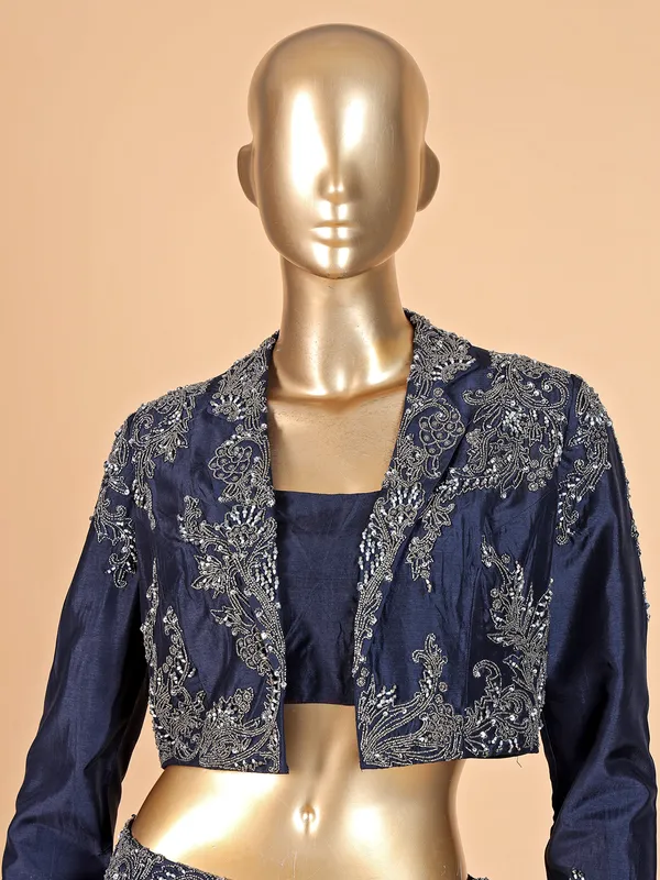 Designer navy blue jacket style salwar suit