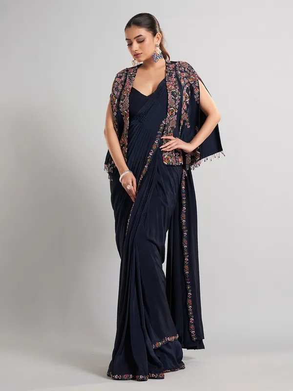 Designer navy chinon silk saree for elegant evening wear
