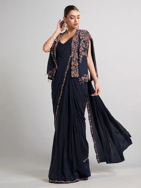 Designer navy chinon silk saree for elegant evening wear