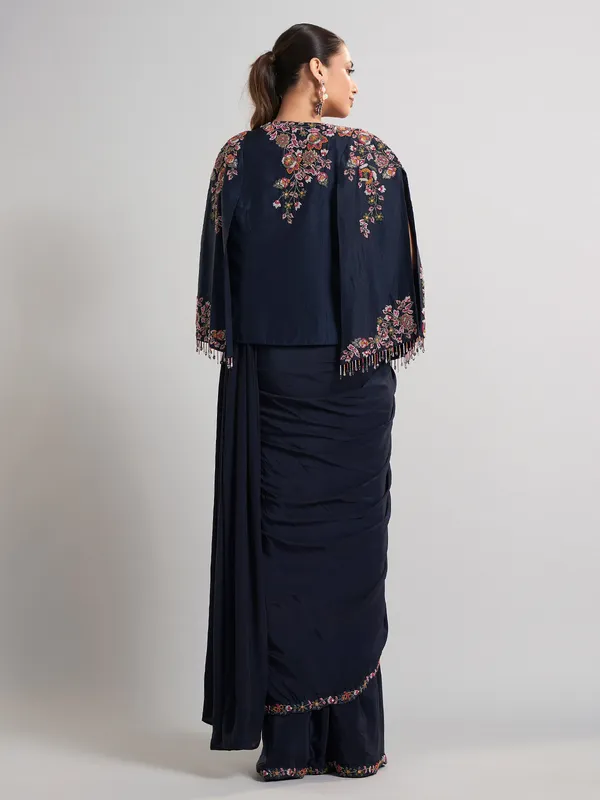 Designer navy chinon silk saree for elegant evening wear
