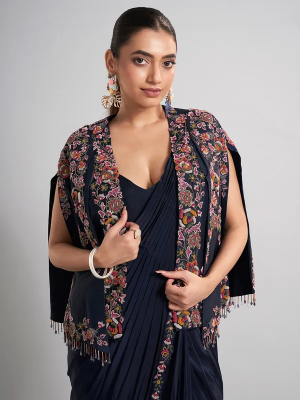 Designer navy chinon silk saree for elegant evening wear