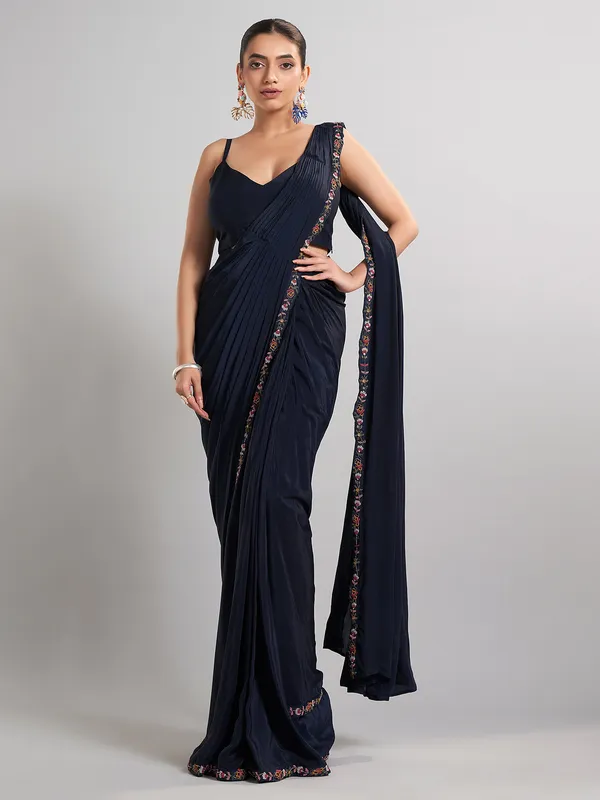 Designer navy chinon silk saree for elegant evening wear