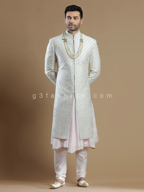 Designer off white color raw silk fabric sherwani