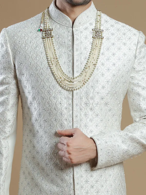 Designer off white color raw silk fabric sherwani