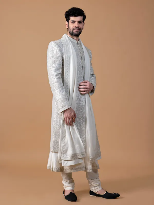 Designer off white raw silk sherwani