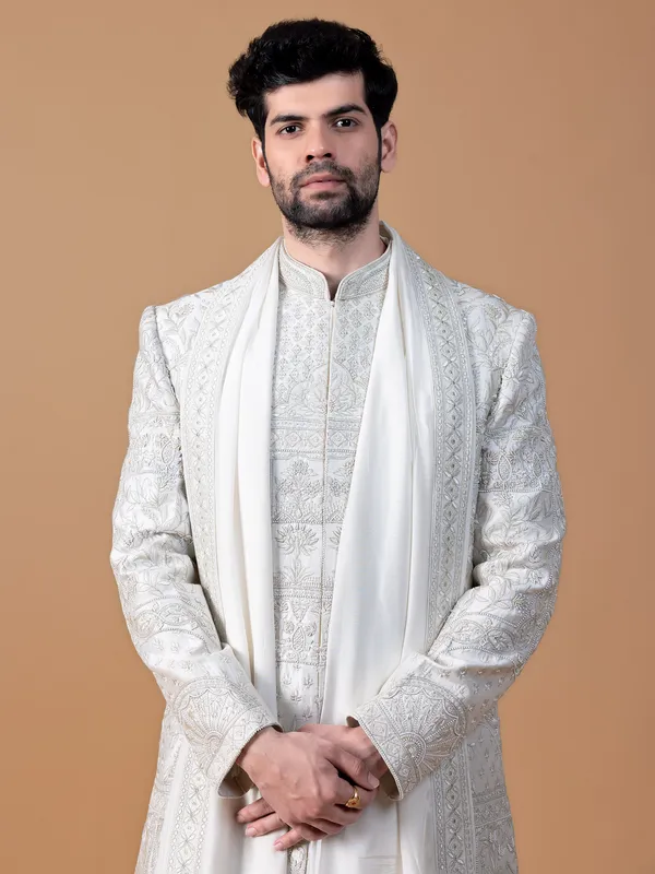 Designer off white raw silk sherwani